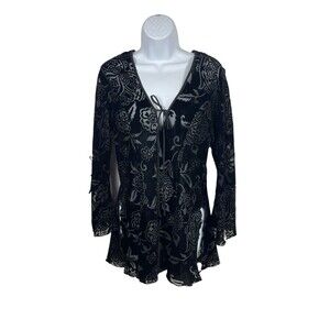 Fredericks Hollywood Sheer Velvet Burnout Floral Top Tie Front Y2K Whimsigoth S